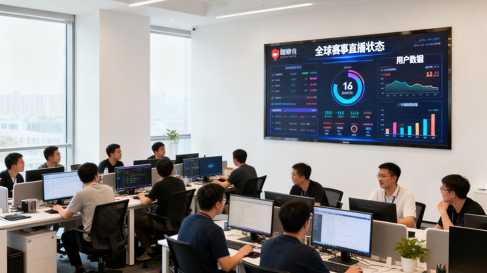 蜘蛛体育杭州总部办公室内，技术团队42名成员正在开放式工位上协作，墙面大屏幕实时显示全球赛事直播状态和用户数据