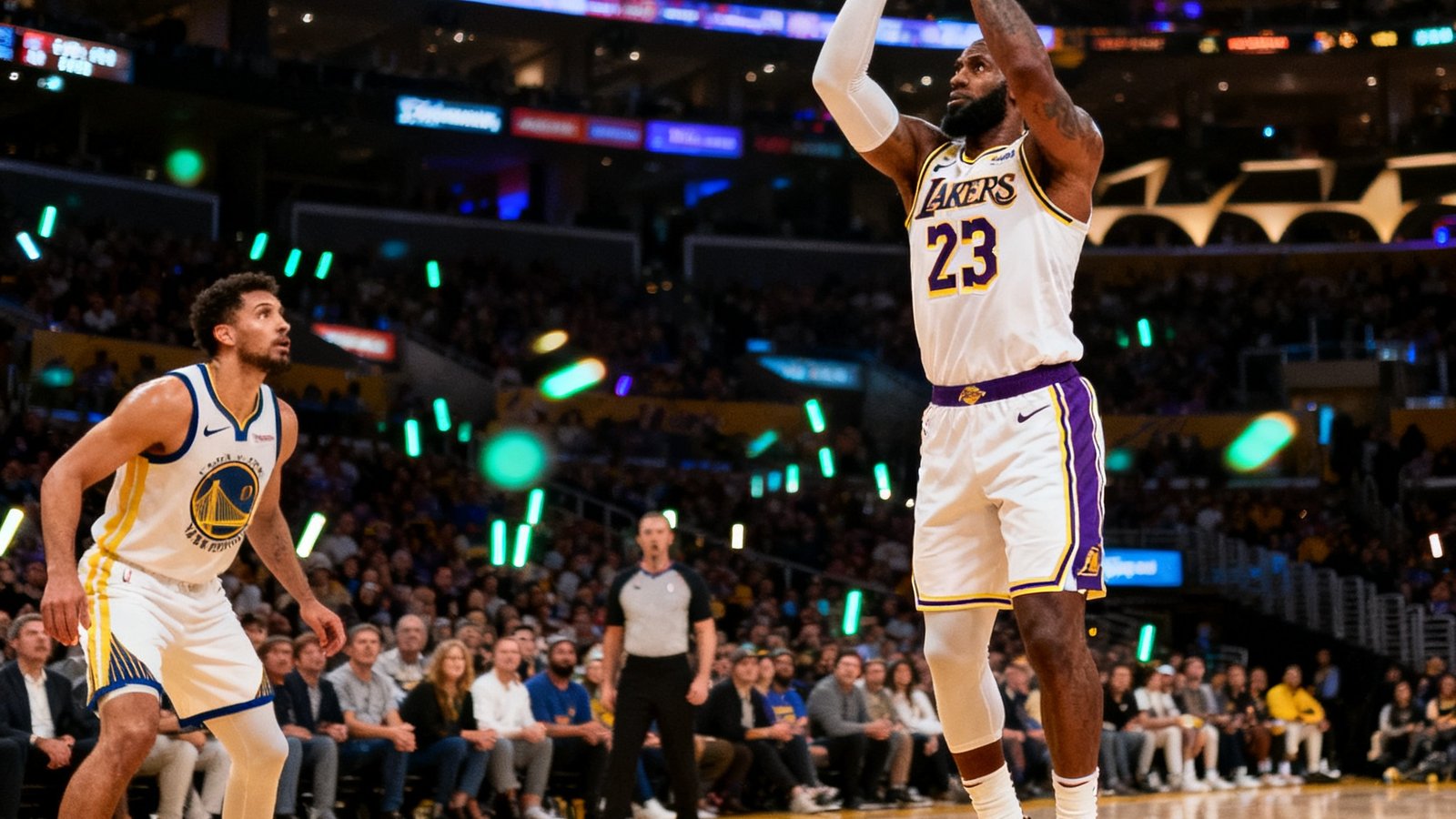 NBA常规赛洛杉矶湖人主场对阵金州勇士，詹姆斯在三分线外果断出手的瞬间，全场观众屏息凝神